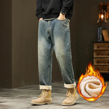 Retro Loose Winter Fleece Jeans Men's Warm Thicken Fashion Casual Denim Pants Comfortable Plush Velvet Thermal Male Trousers