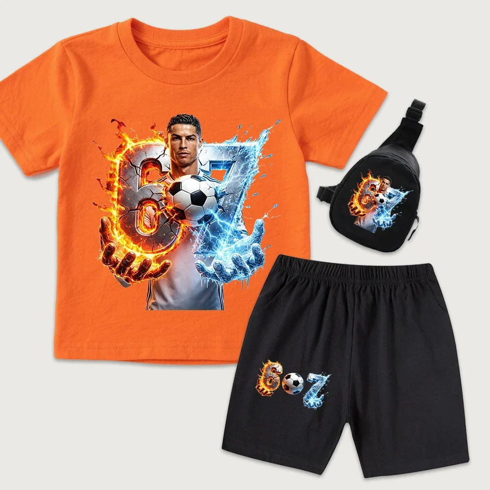 CR7 Ronaldo 67 Print Kids Cotton T Shirt Short Sleeve Casual Top with Mini Chest Bag Set for Boys Girls