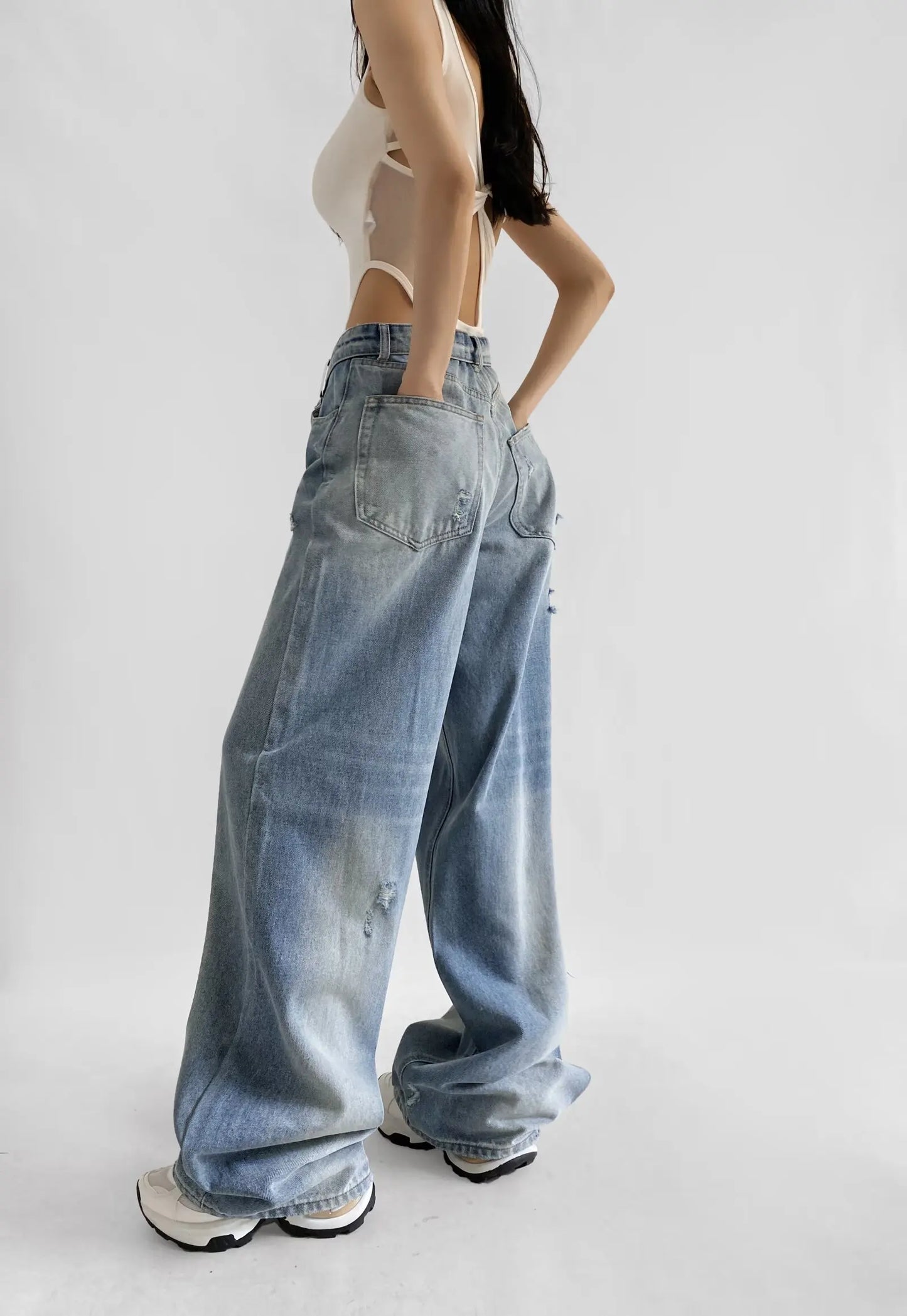 American Retro Cuffed High Waist Slimming Casual Denim Jeans Women's Autumn Versatile Loose Straight Leg Floor-Length Pants