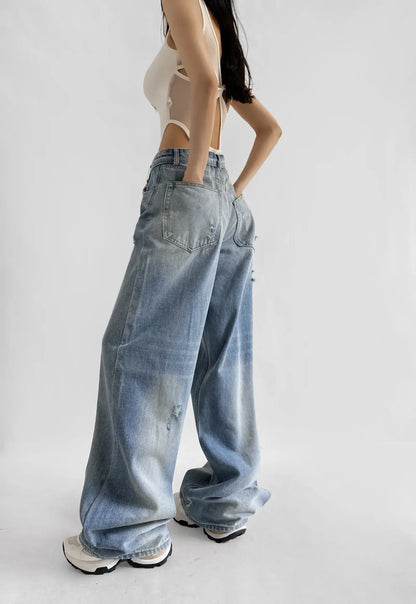 American Retro Cuffed High Waist Slimming Casual Denim Jeans Women's Autumn Versatile Loose Straight Leg Floor-Length Pants