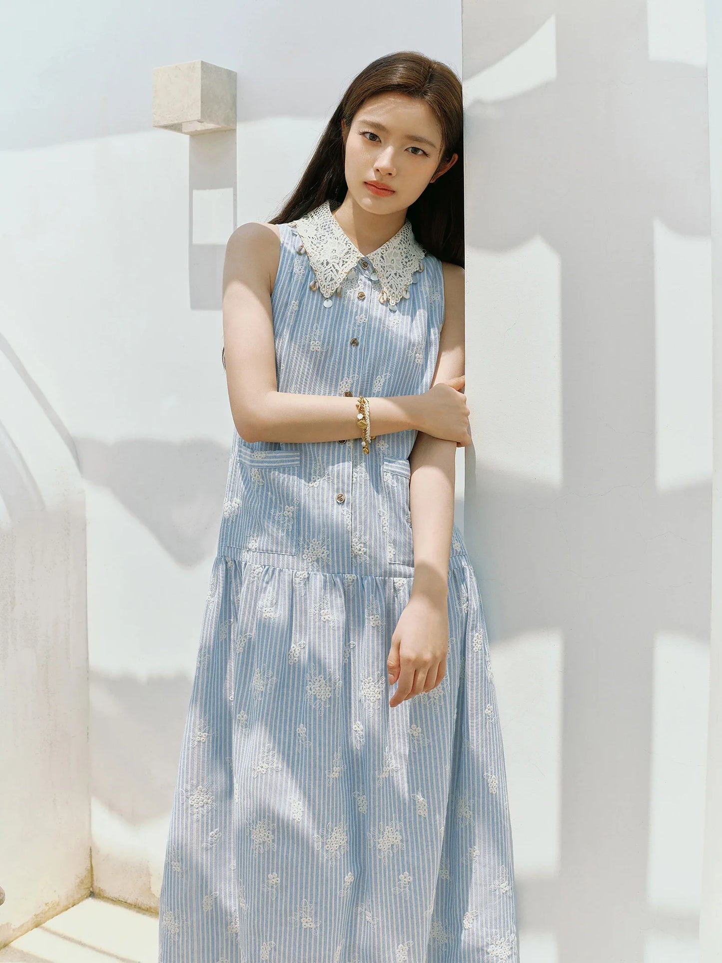 2025 Summer New Design - Women's Beach Style Casual Resort Dress with Premium Knit Blue Stripe Dresses 25FS12618