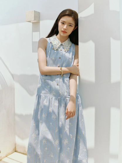 2025 Summer New Design - Women's Beach Style Casual Resort Dress with Premium Knit Blue Stripe Dresses 25FS12618