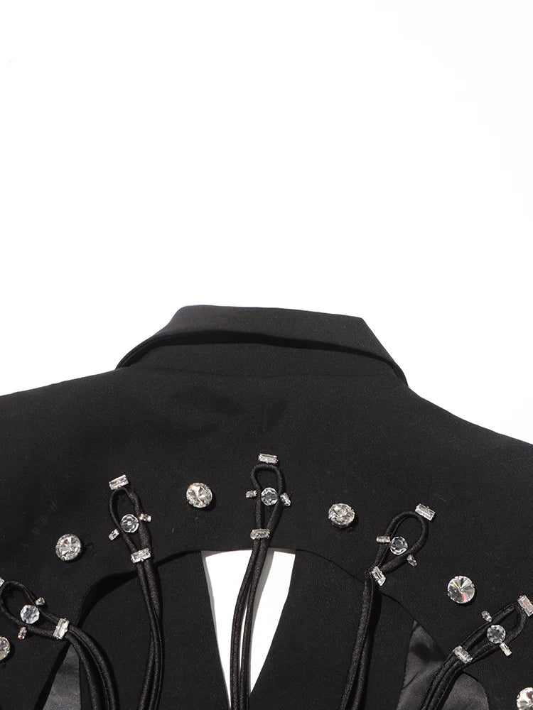 Patchwork Diamonds Backless Blazer For Women Notched Collar Long Sleeve Spliced Button Chic Blazers Female Style