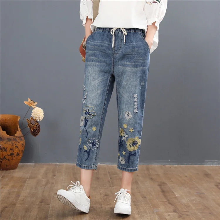 Chinese Summer Fashion Style Ladies Vintage Embroidery Jeans Womens Casual Floral Denim Trousers Ripped Harem Pants
