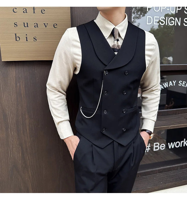 ( Vest + Pants) Men Luxury Double Breasted Design Suit Vest 2 pieces Formal Groom Wedding Dress Vest Set Fashion Club Clothing