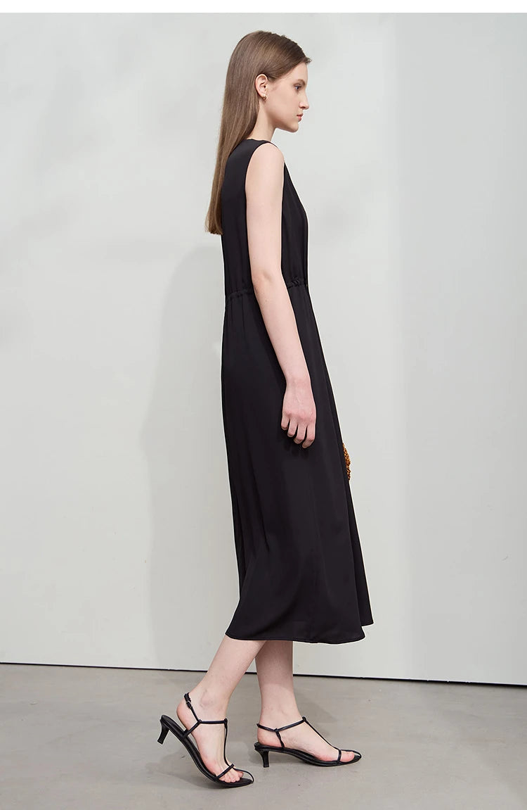 Minimalism Dresses 2025 Summer Vocation Women Loose Long Dresse Sleeveless High Waist Design Bead Drawstring Dress 12542177
