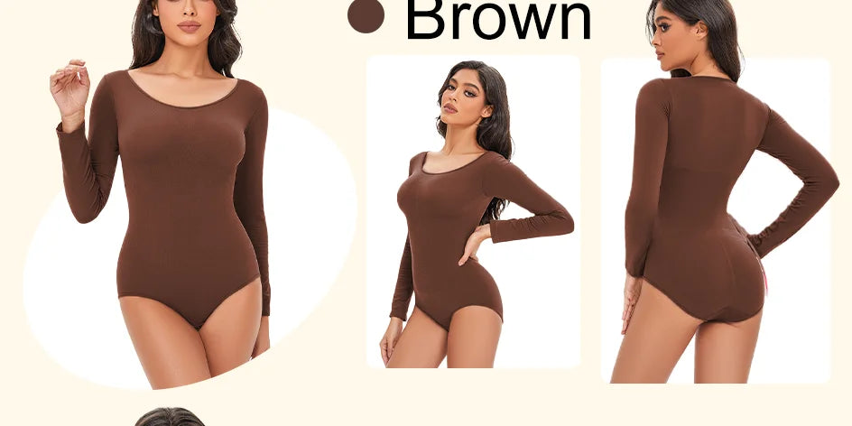 Spandex Elastic Body Suit Shapewear Women Body Shaper Tummy Control Long Sleeve Open Crotch Round Neck Seamless Shapers