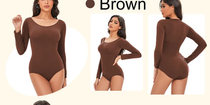 Spandex Elastic Body Suit Shapewear Women Body Shaper Tummy Control Long Sleeve Open Crotch Round Neck Seamless Shapers