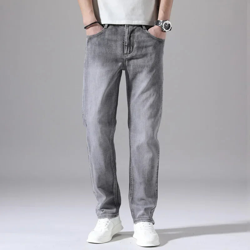 2026 Cotton Stretch Jeans Business Casual Men's Thin Denim Jeans Grey Spring Summer Brand New Fit Straight Lightweight