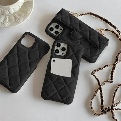 Crossbody Lanyard Wallet Phone Case For iPhone 15 14 13 16 Pro Max Card Holder Necklace Chain Luxury  Leather ( NO LOGO)