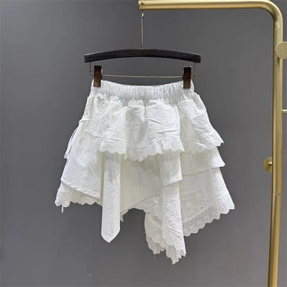 Summer 2025 White Asymmetrical Lace Skirt Women Casual Sweet High Waist A-Line Mini Skirt Elegant Fashion Floral Cake Skirt New