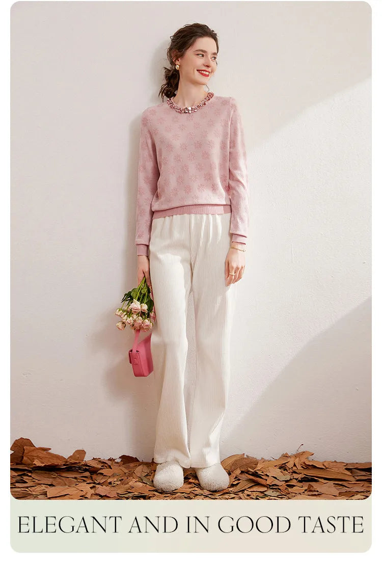 2024 Autumn Elegant Jacquard Fashion Glitter Bead Chain Decoration Round Neck Long Sleeve Women's Knitted Shirt