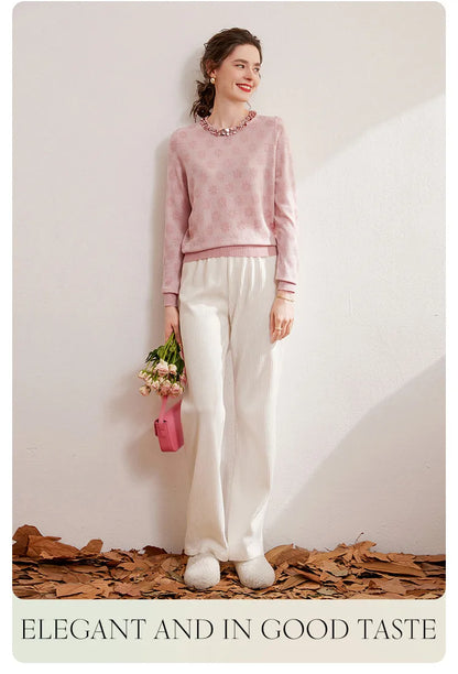2024 Autumn Elegant Jacquard Fashion Glitter Bead Chain Decoration Round Neck Long Sleeve Women's Knitted Shirt
