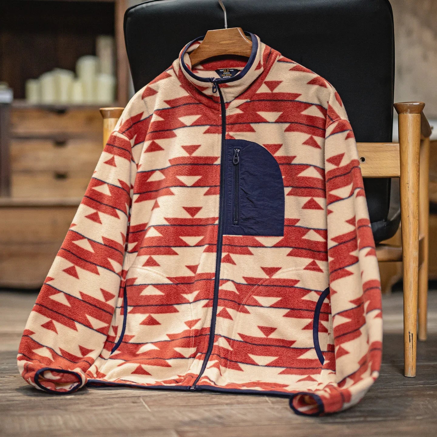 Men's Vintage Navajo Polar Fleece Jacket Stand Collar Zip-Up Patchwork Sweatshirt Warm Cardigan for Spring and Autumn Coat