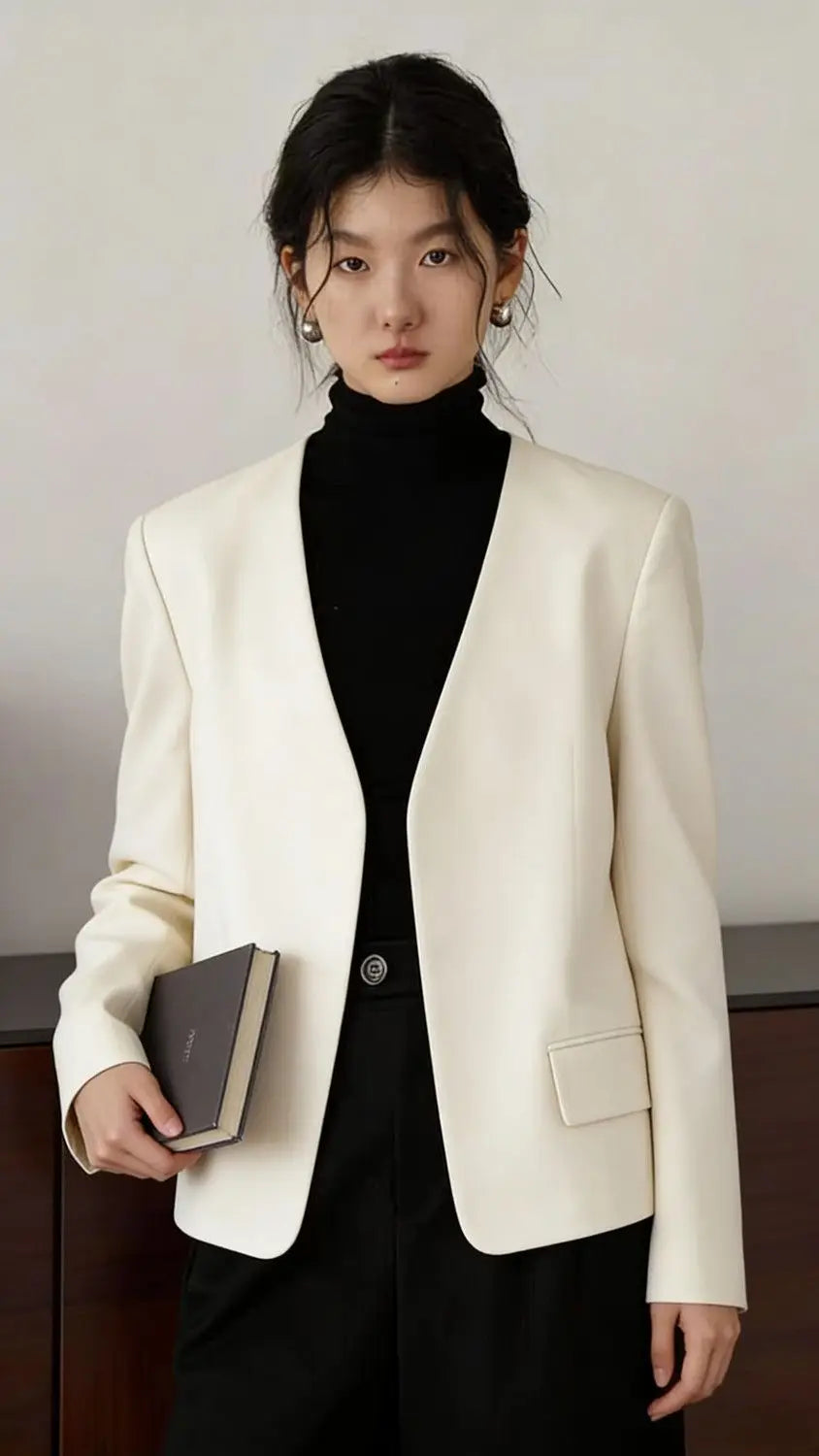 Womens Gray Collarless Blazer Cropped Open Front Suit Jacket Casual Office Outerwear