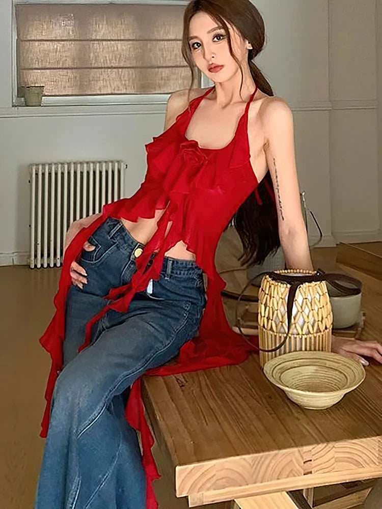 Sexy Y2k Vintage Thin Strape Ruffle Halter Crop Top Women Backless Basic Sleeveless T shirt Off shoulder Club Party Lady Tees