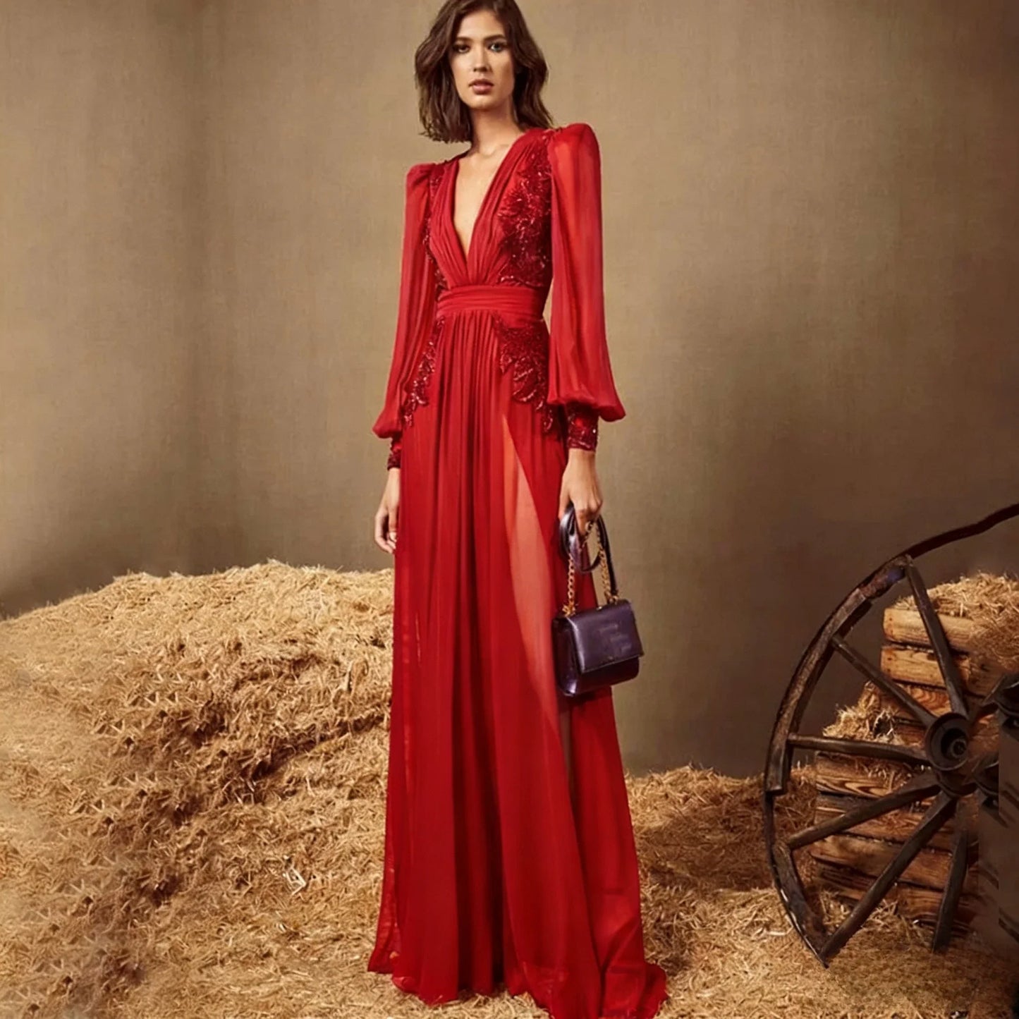Dark Purple V Neck Long Sleeve Evening Dress Chiffon Pleated Applique Floor Length Beach Party Banquet Women Customized Gown