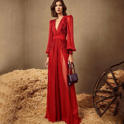 Dark Purple V Neck Long Sleeve Evening Dress Chiffon Pleated Applique Floor Length Beach Party Banquet Women Customized Gown