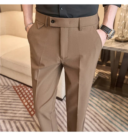Men's High-Grade Trousers, Stretch Waist, Casual Trousers Slim Fit Navy Blue, Business All-Match，Male Pants