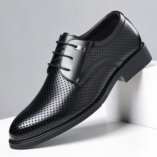 Mens Black Genuine Leather Perforated Metal Decor Lace Up Formal Business Office Breathable Summer Shoes Hollow Stylish Simple