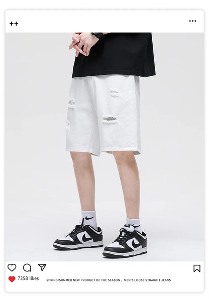 Summer New White Casual Men's Denim Shorts Ripped Fashion Loose Straight Street Bermuda Jeans Male Hole Short Pants