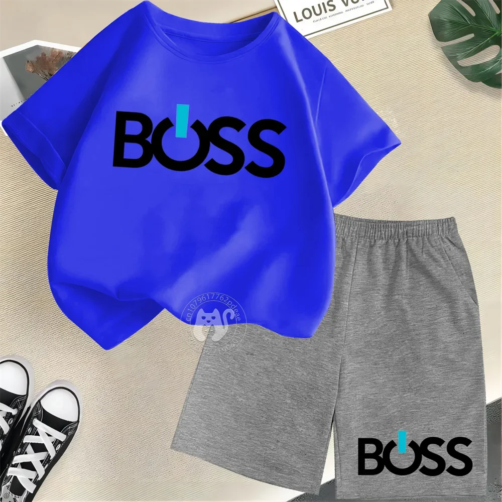 Simple letter BOSS Print Teen boys Girls street casual suit top Kids Summer  Short sleeve T-shirt + Shorts