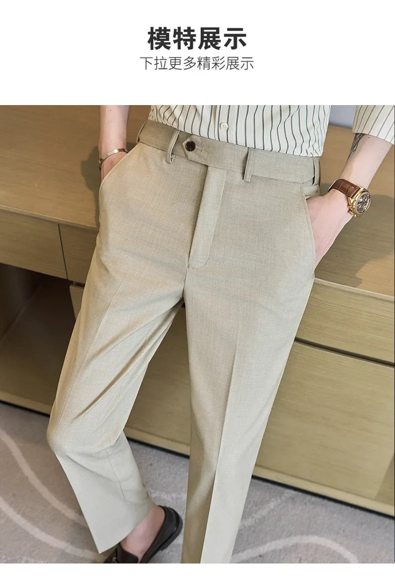 British Style Elastic Waist Men's Casual Slim Fit Trousers Summer High Quality Business Office Dress Wedding Party Suit Pants