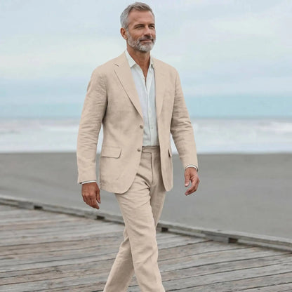 Men's linen casual men's beach party business suit two-piece wedding tailcoat set with split collar suit jacket and pants