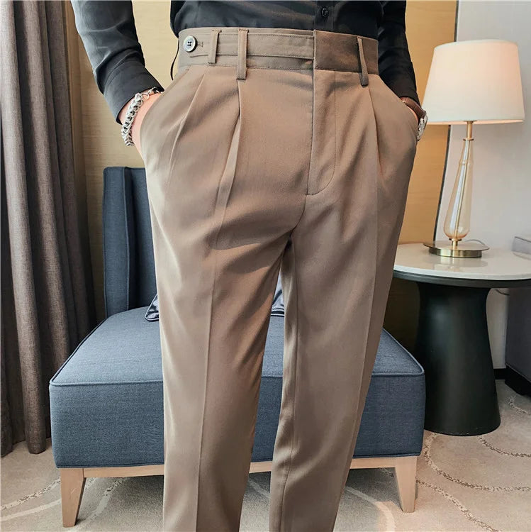 Autumn Winter High Quality Solid Casual Pants Men Belt Design Slim Fit Trousers Formal Office Business Social Party Suit Pants