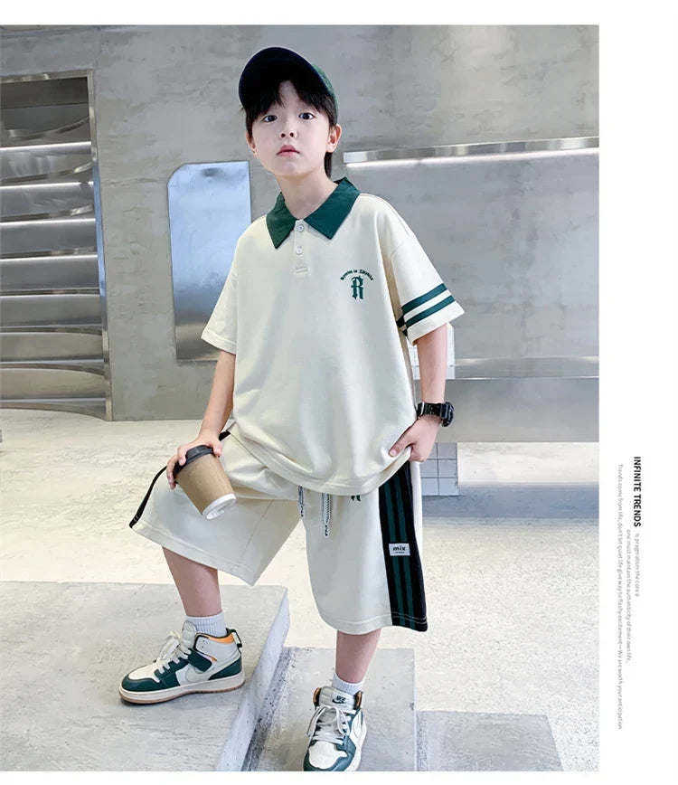Boys Set Summer Children Clothing Korean Style Costumes Cotton Polo Shirt Shorts 2pcs Kids Casual Outfits Tracksuit Age 5-14 Y