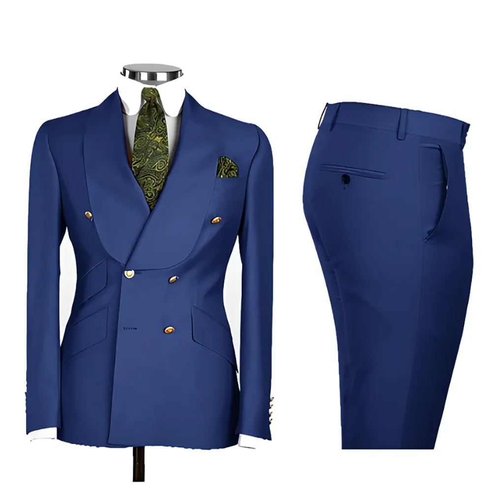 Lvory Shawl Lapel 2 Piece Suit Double Breasted Men's Jacket Pants with Gold Buttons Formal Wedding Groom Attire Prom Tuxedos