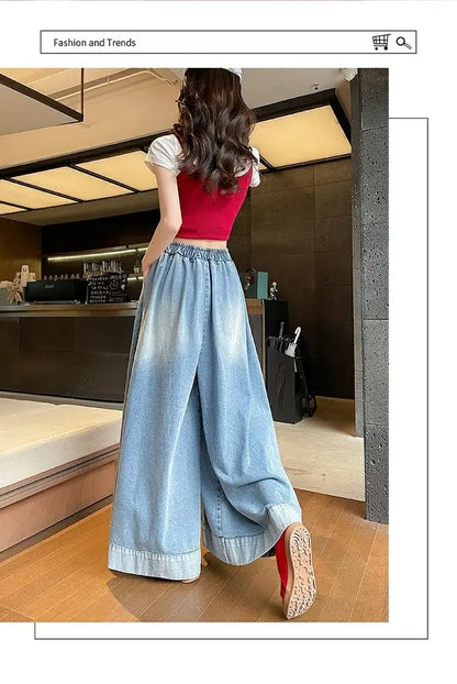 Casual High Waist Wide Leg Jeans Women's Loose Fit Summer Faion plus Size American Sle Cuffed Casual Denim Skirt Pants