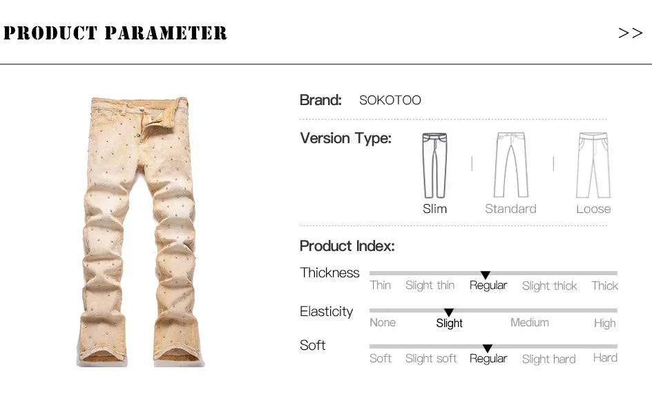 Men's Crystal Rhinestone Stretch Boot Cut Denim Jeans Punk Rivet Slim Flared Trousers Fashion Stretchy Pants