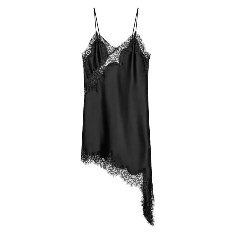 Satin Asymmetric Patchwork Lace Sexy Dress Women Elegant Sling Backless Split Black Dress Female Party Club Dress Streetwear
