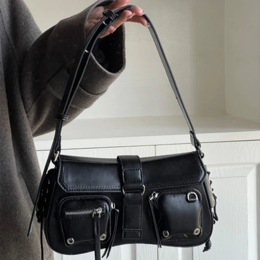 Goth Punk Cool Women's Underarm Bag Hot Girls Shoulder Bags Fashion Design PU Leather Female Handbags Tote Purse with Zipper
