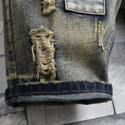 Ripped Short Jeans Men Vintage Denim Shorts Straight Hole Patch Plaid Hip Hop Fashion Knee Length Pants Streetwear