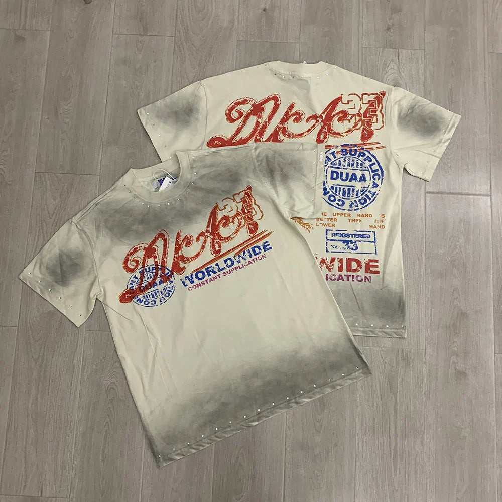 Car Letter Rhinestone Washed Cotton Short Sleeve Tshirts for Men and Women Harajuku Hip Hop Loose Shinning Diamond Tees Oversize