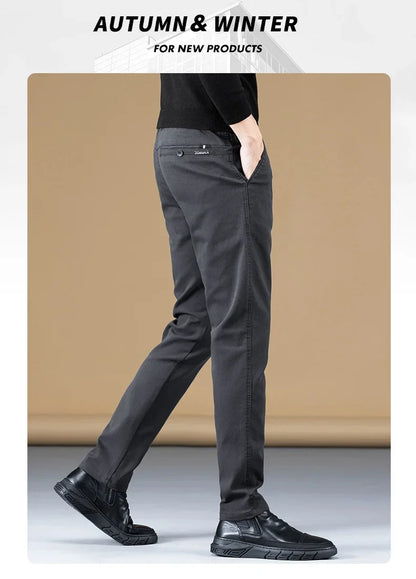 Stretch Fleece Casual Pants Men Korean Thickened Straight Thermal Velvet Pants Male Winter Business Soft Slim Fit Trousers