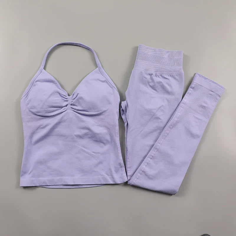 Yoga Longline Strappy Top Leggings Set Women's Backless Camisole Built-In bra Vest High-Waisted Hip Lift Gym Shorts Sports Set