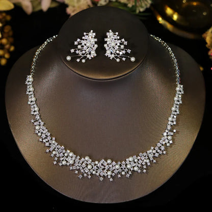 Gorgeous Cubic Zirconia Stone Choker Fashion Pearl Necklace for Women Wedding Bridal Costume Jewelry Set X0620