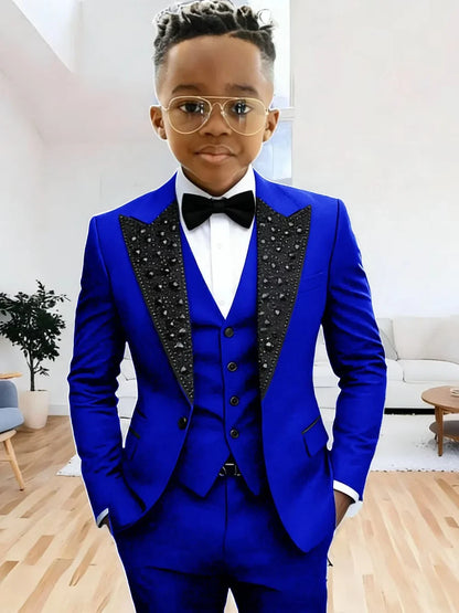 Boys Luxury Beaded Suit Set 3 Pieces For Evening Party High Quality Peak Lapel Suits Piano Performance Wear Elegant Plus Size