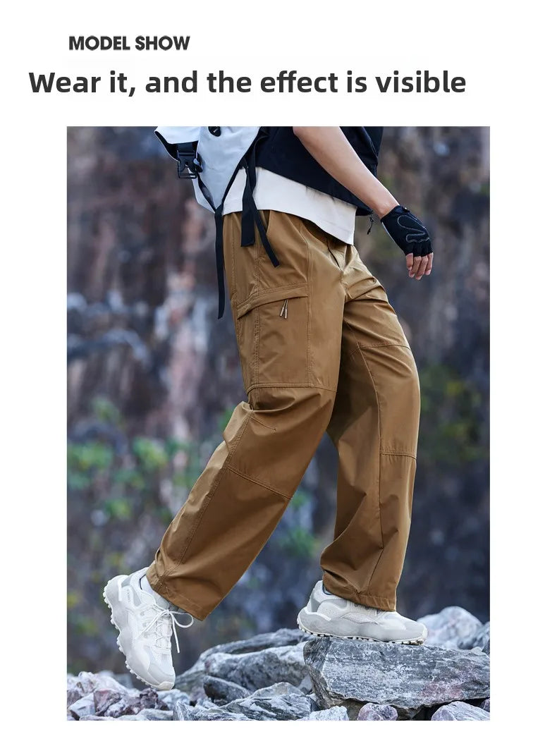Men's Outdoor Hiking Pants 2026 Summer Sports Waterproof Straight Paratrooper Light Loose Mountaineering Pants
