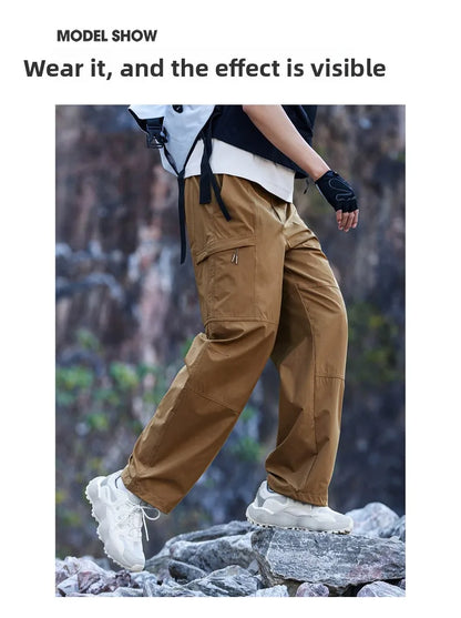 Men's Outdoor Hiking Pants 2026 Summer Sports Waterproof Straight Paratrooper Light Loose Mountaineering Pants