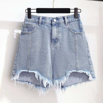 Summer High-waisted Denim Shorts Women Fur-trimmed Zipper Pocket 7XL Jeans Casual Fashion Loose Patchwork Short Pants