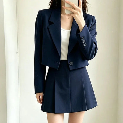 Autumn Solid Color Cropped Suit Jacket for Women Turn Down Collar Single Button Blazer Female Casual Office Lady Blazers Coat