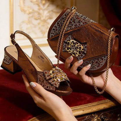 Fashion Mature Style Gold Color Striped Rhinestone Decoation Design Party Wedding Peep Toe High Heels and Bag Set