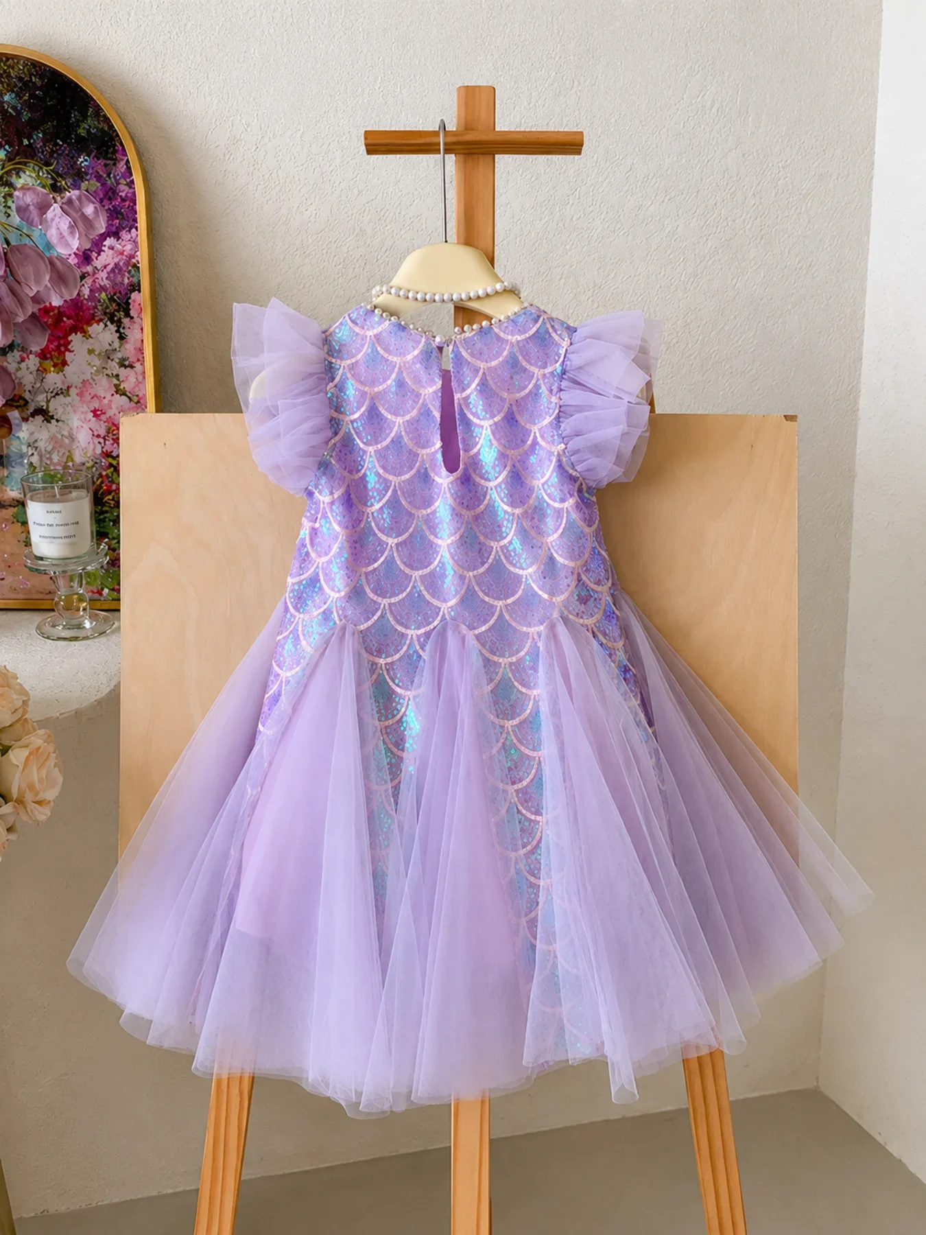 Girls Purple Mermaid Sequin Tulle Dress with Bow Veil Headband Kids Flutter Sleeve Princess Birthday Party Costume Dress