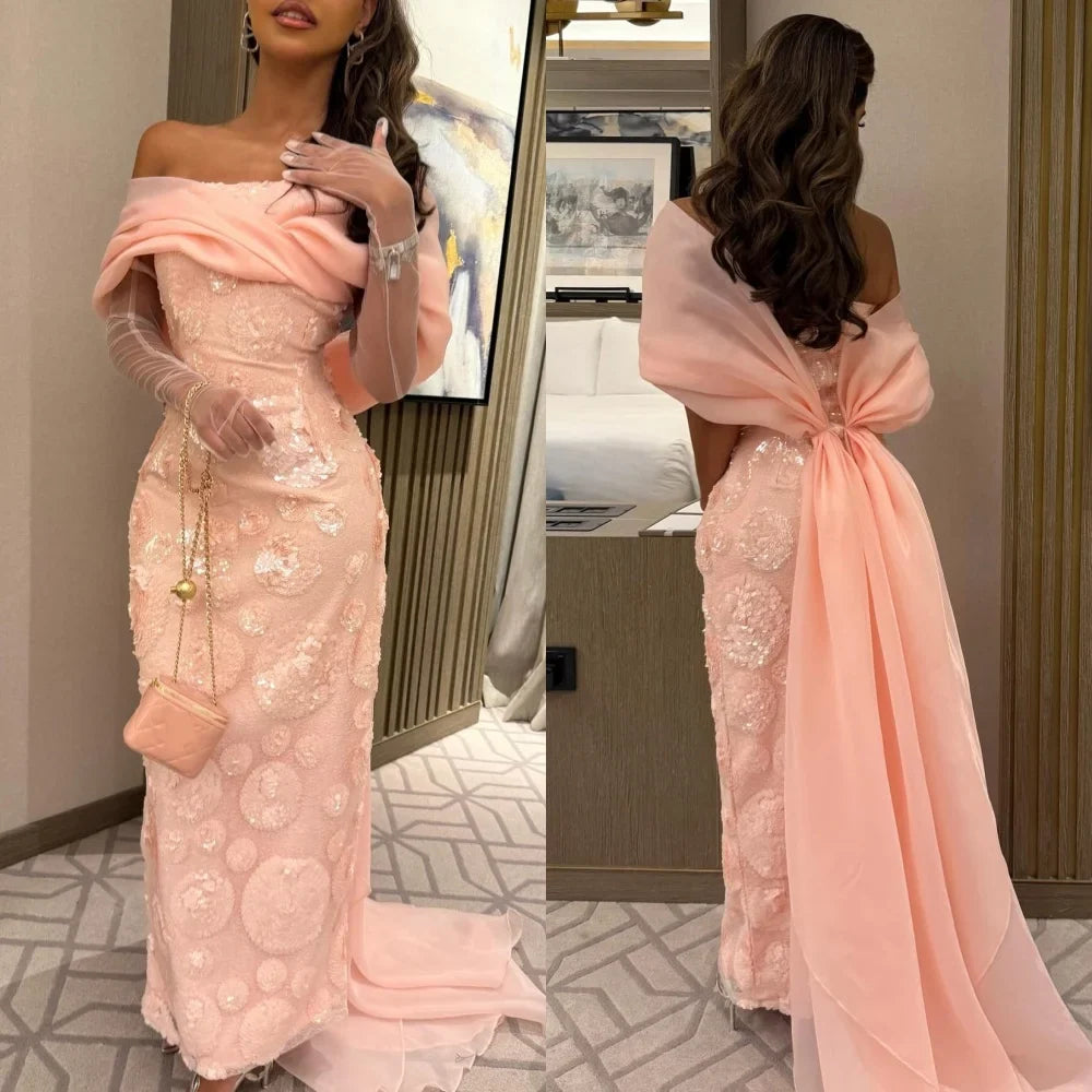 Customized Intricate Fashion Organza Sequined Ruched Straight Off-the-shoulder Long Dresses Bespoke Occasion Dresses Exquisite