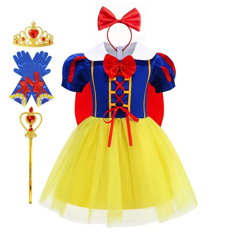 Girl Cosplay Disney Snow White Dress Kids Gown With Cloak Headband Children Princess Dress Up Costume Halloween Party Outfits