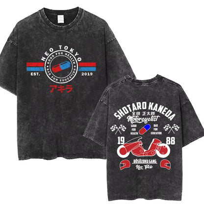 Washed Vintage Anime Akira T Shirts Japanese Science Fiction Cartoon Movie Shotaro Kaneda T-shirt Men's Manga Oversized T-shirts